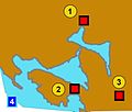 Bay of Kotor and Illyrian fortresses on the hills: (1) Risan, (2) Gosici, (3) Kremalj (Mirac), (4) Adiatic Sea