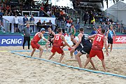 Deutsch: Beachhandball Europameisterschaften 2019 (Beach handball Euro); Tag 6: 7. Juli 2019 – Spiel um Platz Drei, Männer, Ungarn-Russland 2:0 (26:20, 23:22) English: Beach handball Euro; Day 6: 7 July 2019 – Men's Bronze Medal Match – Hungary-Russia 2:0 (26:20, 23:22)