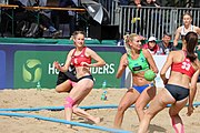 Deutsch: Beachhandball Europameisterschaften 2019 (Beach handball Euro); Tag 2: 3. Juli 2019 – Frauen, Vorrunde Gruppe D, Ukraine-Deutschland 2:0 (23:22, 32:24) English: Beach handball Euro; Day 2: 3 July 2019 – Women Preliminary Round Group D – Ukraine-Germany 2:0 (23:22, 32:24)