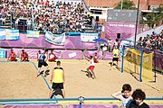 Deutsch: Bachhandball bei den Olympischen Jugendspielen 2018; Tag 3, 9. Oktober 2018; Jungs, Vorrunde, Gruppe B - Argentinien-Mauritius 2:1 English: Beach handball at the 2018 Summer Youth Olympics at 9 October 2018 – Boys Preliminary Round Group B‎ – Argentina-Mautitius 2:1