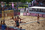 Deutsch: Beachhandball bei den Olympischen Jugendspielen 2018; Tag 3, 10. Oktober 2018; Mädchen, Vorrunde, Gruppe B - Niederlande-Argentinien 2:0 English: Beach handball at the 2018 Summer Youth Olympics at 10 October 2018 – Girls Preliminary Round Group B‎ – Netherlands-Argentina 2:0