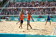 Deutsch: Beachvolleyball bei den Olympischen Jugendspielen 2018; Tag 11, 17. Oktober 2018; Jungen,Finale – Niederlande (Matthew Immers/Yorick de Groot)-Schweden (David Åhman/Jonatan Hellvig) 0:2 (20–22/15–21) English: Beach volleyball at the 2018 Summer Youth Olympics at 17 October 2018 – Final – Netherlands (Matthew Immers/Yorick de Groot)-Sweden (David Åhman/Jonatan Hellvig) 0:2 (20–22/15–21)