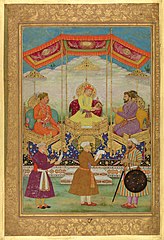 Mughal emperors Akbar, Jahangir and Shah Jahan with their ministers (CBL In 07A.19)
