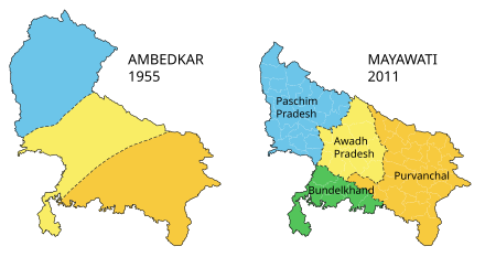 Vorschläge zur Aufteilung Uttar Pradesh in kleinere Staaten: 1. Ambedkar (1955, Uttar Pradesh einschließlich Uttarakhands, die vorgeschlagenen Grenzen wurden von Ambedkar nur skizziert), 2. Mayawati (2011)