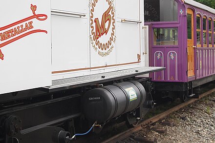Biodiesel locomotive and its external fuel tank at Mount Washington Cog Railway