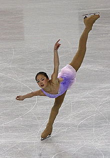 Zhang performs an arabesque spiral during her Ave Maria free skate at the 2009 Four Continents Championships. Caroline Zhang Spiral Four Continents Championships 2009..jpg