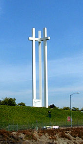 The three crosses of the Neighborhood Church form a prominent local landmark. Castrovalleyneighborhoodchurch.jpg