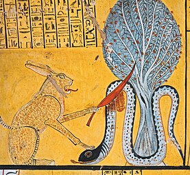 Chat tuant un serpent devant l'arbre-iched (chap. 17, Livre des morts), Deir el-Médineh. Tombe d'Inerkhaouy (chef d'équipe, « pluridisciplinaire »)