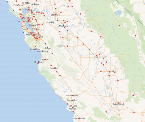 red dots represent California newspapers that don't have Wikipedia articles