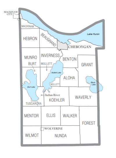 U.S. Census data map showing local municipal boundaries within Cheboygan County. Shaded areas represent incorporated cities.