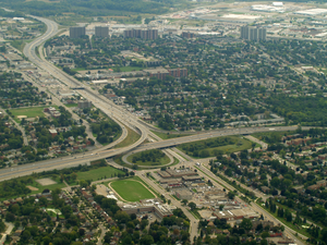 An aerial view of a freeway interchange