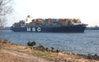 Container ship MSC Loretta extending Hamburg, on the Elbe