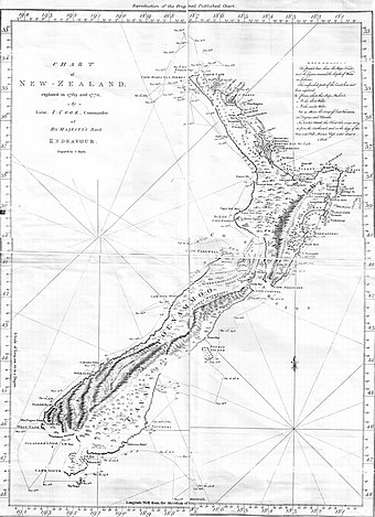 Map of the New Zealand coastline as Cook charted it on his first visit in 1769–70. The track of the Endeavour is also shown.