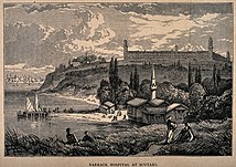 Lithografie uit de jaren 1850 met uitzicht op de Selimiye-kazerne