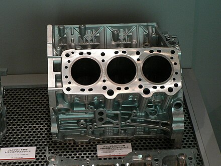 A V6 diesel engine block, with both of the cylinder banks as well as the crankcase formed en bloc. The large holes are the cylinders, while the small ones are the mounting holes (round) and coolant or oil ducts (oval). Cylinder block for V6 Diesel.jpg