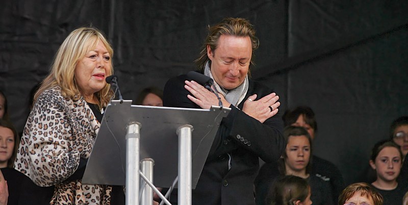 File:Cynthia and Julian Lennon at the unveiling ceremony of the John Lennon Peace Monument in Liverpool - celebrating John Lennon's 70th Birthday - October 9th 2010 (retouched).jpg