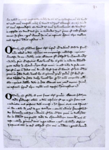 Part of the cartulary of Dale Abbey. In the middle section Ralph de Frescheville quitclaims two bovates of land at Alvaston to Eleanor, daughter of Geoffrey Chamberlain, for three marks in silver. In the lower section Eleanor grants the land to Dale Abbey. Dale Abbey cartulary 01.png