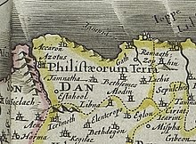 Map of Dan, 17th century Dutch map Dan. Willem Janszoon Blaeu and Joan Blaeu. Terra Sancta quae in Sacris Terra Promissionis olim Palestina. 1648-1664.jpg