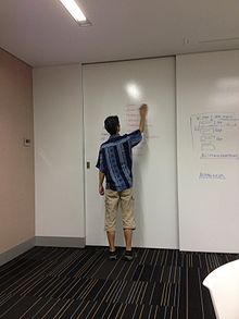 man standing at a white board wall writing