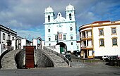 The distinctive blue façade of the Church of the Misericórdia at the City Gates of Angra