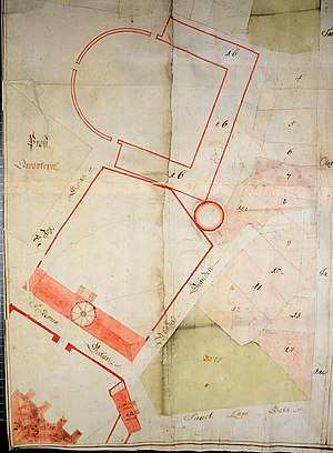 Detalj från karta från 1734 som visar det runda torn som då var den sista synliga resten av borgen.