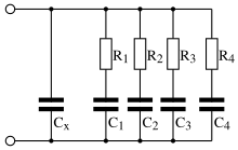 Circuit model for explaining a time-delayed voltage build-up by parallel RC-timers Dielektrische Absorption.svg