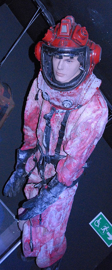 The spacesuit as it appears in the episode, including frost elements, as shown at the Doctor Who Experience.