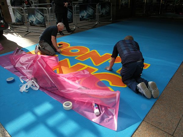 Preparations for the premiere of The Hitchhiker's Guide to the Galaxy on Leicester Square.