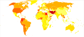 The disability-adjusted life year, a measure of overall disease burden (number of years lost due to ill-health, disability or early death), from drug use disorders per 100,000 inhabitants in 2004
.mw-parser-output .div-col{margin-top:0.3em;column-width:30em}.mw-parser-output .div-col-small{font-size:90%}.mw-parser-output .div-col-rules{column-rule:1px solid #aaa}.mw-parser-output .div-col dl,.mw-parser-output .div-col ol,.mw-parser-output .div-col ul{margin-top:0}.mw-parser-output .div-col li,.mw-parser-output .div-col dd{page-break-inside:avoid;break-inside:avoid-column}
.mw-parser-output .legend{page-break-inside:avoid;break-inside:avoid-column}.mw-parser-output .legend-color{display:inline-block;min-width:1.25em;height:1.25em;line-height:1.25;margin:1px 0;text-align:center;border:1px solid black;background-color:transparent;color:black}.mw-parser-output .legend-text{}
no data
<40
40-80
80-120
120-160
160-200
200-240
240-280
280-320
320-360
360-400
400-440
>440 Drug use disorders world map - DALY - WHO2004.svg