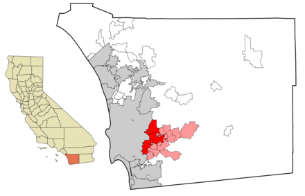 East County communities in red. In dark red are the cities and towns of Santee and El Cajon which mark the western edge of East County. Unincorporated communities are in light red, including Lakeside and Alpine.