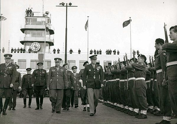 Old control tower (front view) during the visit of Dwight D. Eisenhower to Prague on 12 October 1945