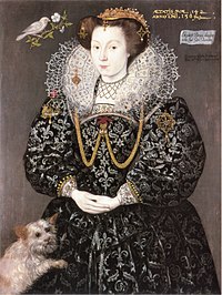 Signed and dated portrait of Elizabeth Brydges, aged 14, daughter of Giles Brydges, 3rd Baron Chandos, and maid of honour to Elizabeth I, 1589 Elizabeth Brydges 1589.jpg