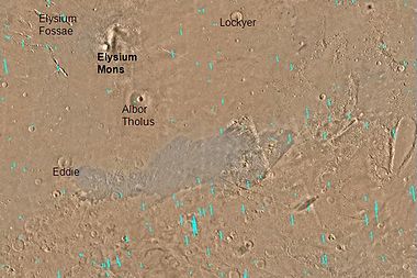 Map of Elysium quadrangle. Elysium Mons and Albor Tholus are large volcanoes.