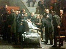 This painting by Robert C. Hinckley depicts the first successful public demonstration of using ether to induce anesthesia. Ether Day, or The First Operation with Ether by Robert C. Hinckley.jpg