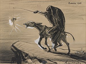 A cartoon named "Europe 1916" depicts Death riding a donkey toward the edge of a cliff. Death holds a long stick from which dangles a carrot just out of reach of the skinny donkey. The carrot is labeled "Victory".