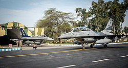 The USAF and PAF's F-16s head out for a training sortie at a PAF operational base in Peshawar. This was a first exercise since 2019. Falcon Talon 2022 US and Pakistani F-16.jpg