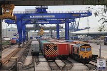 Felixstowe Port North Terminal with Freightliner Class 08 and Class 66 locomotives Felixstowe Port North Terminal - Freightliner 08585 and 66540.jpg