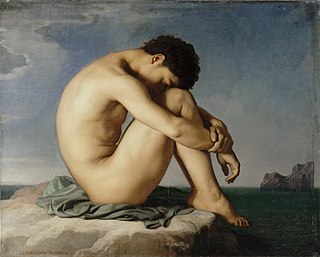 <i>Study (Young Male Nude Seated Beside the Sea)</i> Painting by Hippolyte Flandrin