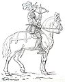 16th-century French mounted crossbowman (cranequinier). His crossbow is drawn with a rack-and-pinion cranequin, so it can be used while riding.