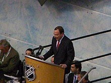 Gary Bettman, pictured in 2008, joined the NHL as its first commissioner in 1993. Gary Bettman at Entry Draft 2008.JPG