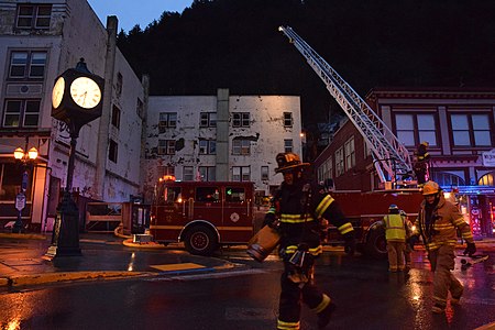 CCFR fights a fire in the abandoned Gastineau Apartments (left) on March 21, 2015 Gastineau Apartments Fire, Juneau, Alaska.jpg