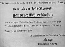 Announcement from Mayor Kampe, informing of the execution on 11 November 1939 of the last pre-war mayor of Bydgoszcz - Leon Barciszewski German announcement from November 1939 of execution of Leon Barciszewski.jpg