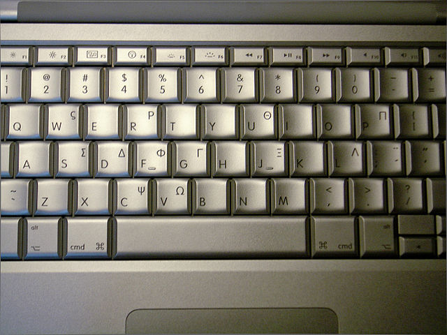 A Greek keyboard lets the user type in both Greek and the Latin alphabet (MacBook Pro).