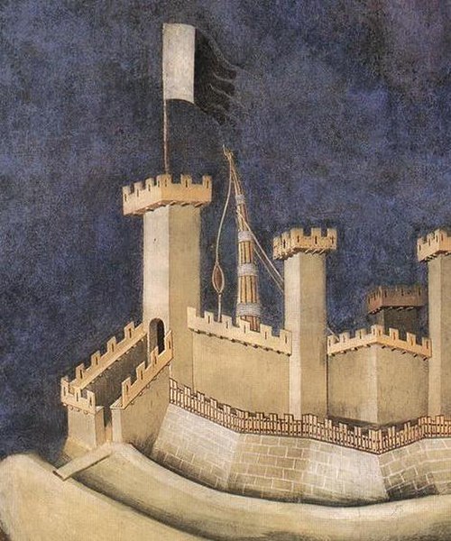 A stone-throwing machine set to defend a gate, in the fresco of Guidoriccio da Fogliano by Simone Martini (14th century).