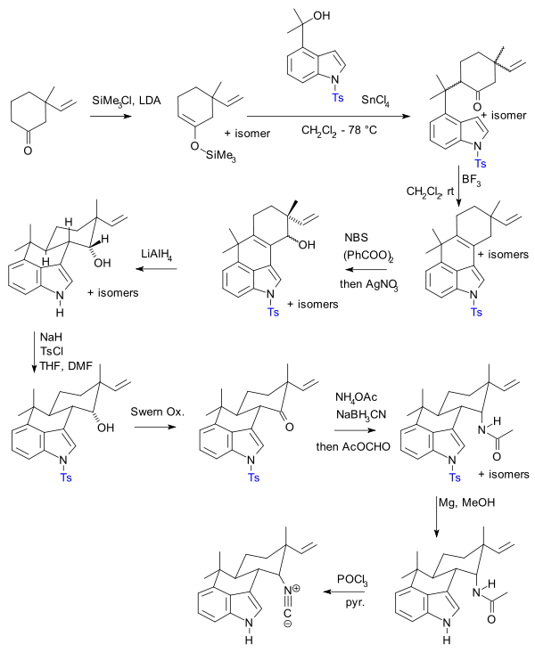 Hideaki Muratake's 1990 synthesis using Tosyl protecting groups (shown in blue). HapalindoleUsynthesisMuratake1990.svg
