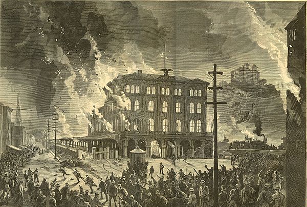 Burning of Union Depot, Pittsburgh, Pennsylvania, July 21–22, 1877, engraving from Harper's Weekly