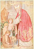 An old man in a Christian clergy hat stands with a group of children and touches one of their heads