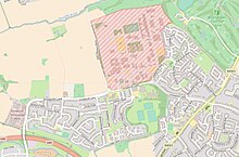 Area map of Innsworth. Longlevens to the south, Churchdown to the east. Imjin Barracks shaded. Innsworth, Gloucester, map.jpg