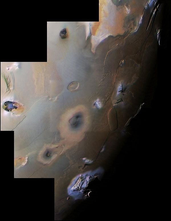 Voyager 1 mosaic covering Io's south polar region. This includes two of Io's ten highest peaks, the Euboea Montes at upper extreme left and Haemus Mon