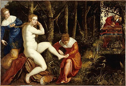 Tintoretto's Susanna and the Elders; Susanna is looking directly at the viewer of the painting, showing she is aware of being watched.